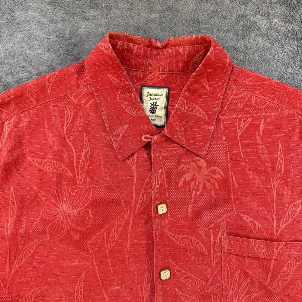 Jamaica Jaxxβ Button Down Shirt Mens Large Red Silk Floral Tropical Jacquard